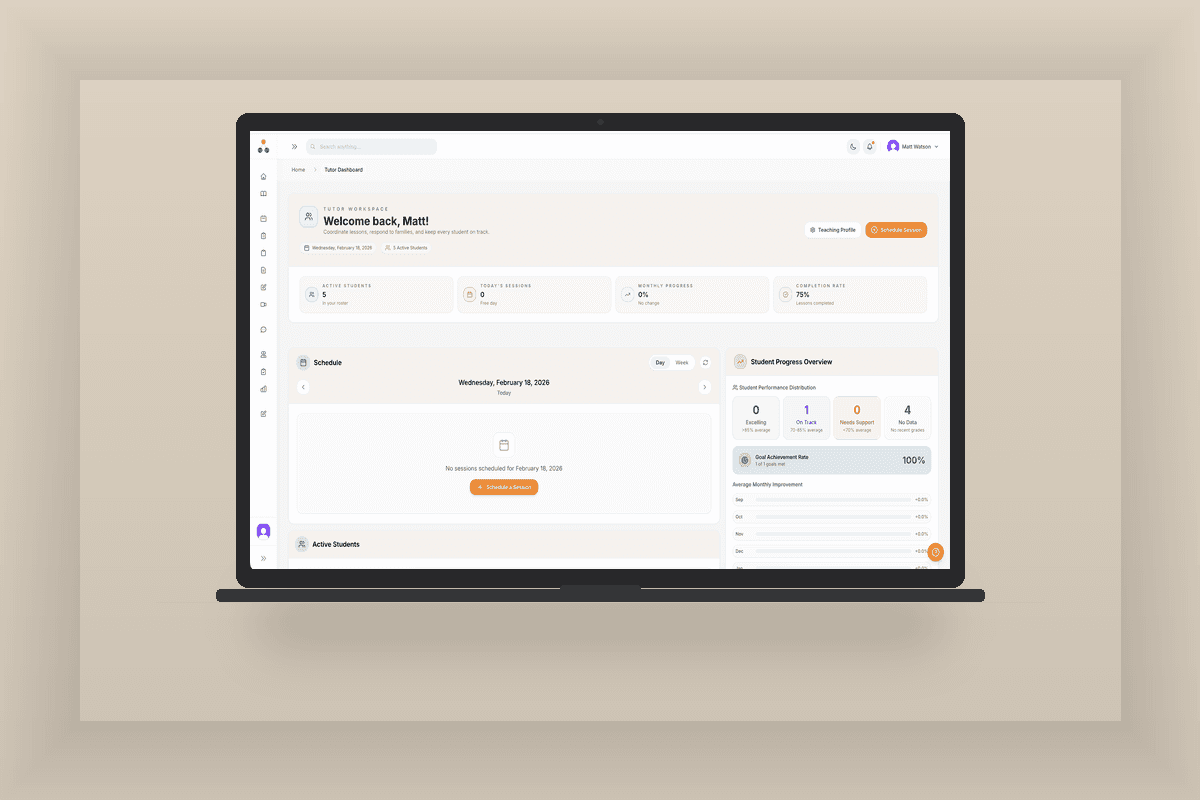 Togever tutor dashboard on a laptop, showing sessions, students, and progress at a glance